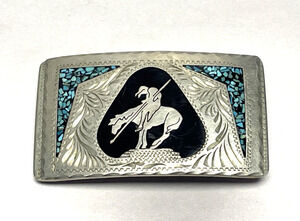 Indian On Horse End Of Trail Belt Buckle DT Handcrafted Turquoise Inlay 99g